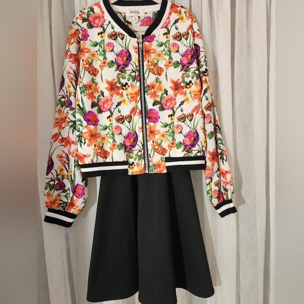 Speechless Girl's Black Sleeveles Dress w/Floral Bomber Jacket, Size 10, NWOT